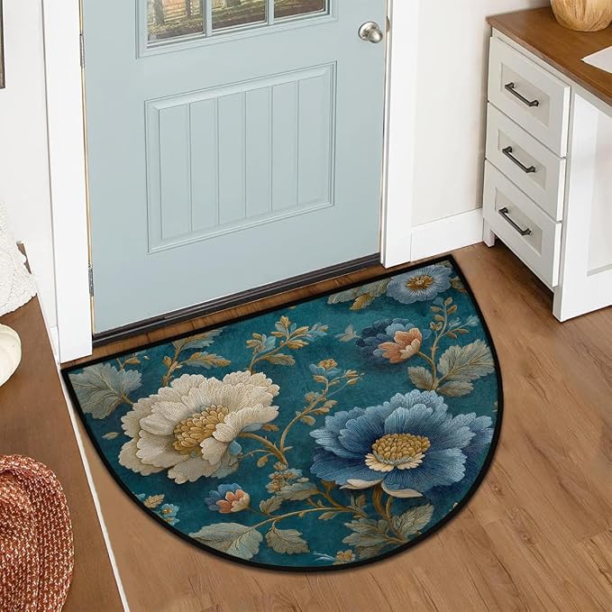Flower Half Round Door Mat Semi Circle Rug Half Moon Doormat | Soft Washable Teal Blue Welcome Entrance Mat for Outdoor Indoor Floor Bedroom Bathroom Home Kitchen Festival Decor