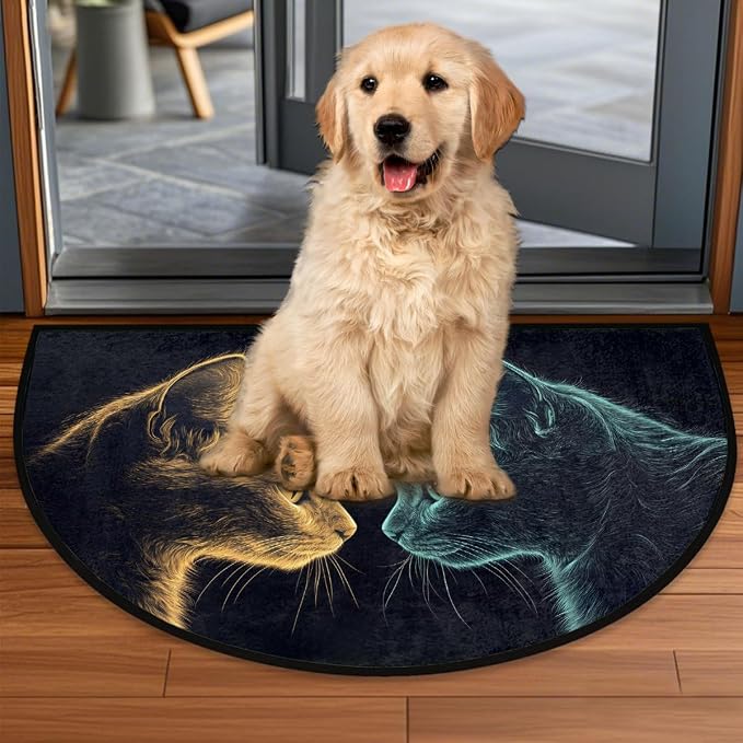 cfpolar Half Round Door Mat Animal Blue Cat Cute Kitten Non-Slip Semi Circle Area Rug Washable Half Moon Hearth Rugs for Indoor Outdoor Bathroom Kitchen Patio Runner Mat Laundry Room Home Decoration