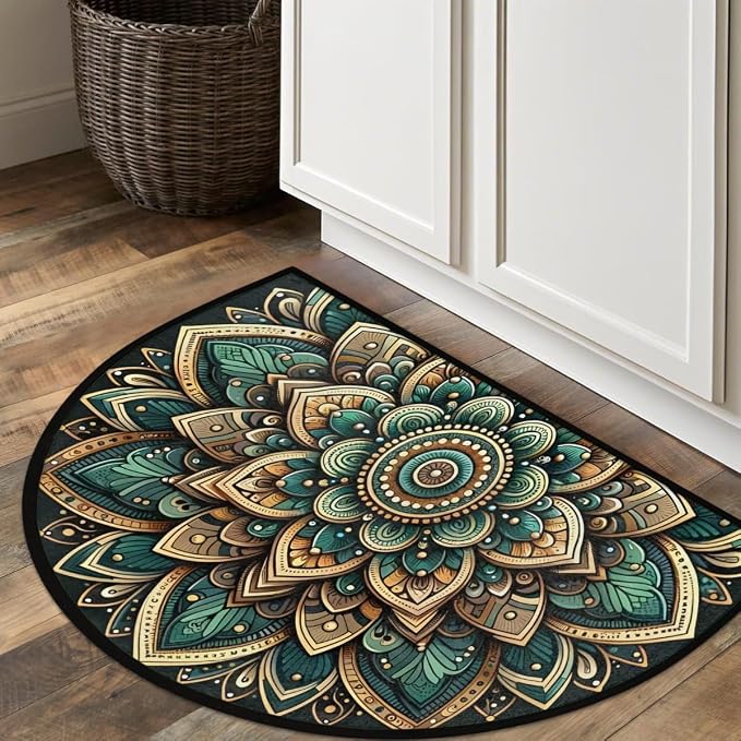 Mandala Ethnic Flower Half Round Door Mat Half Moon Rug Washable Half Circle Area Rugs Indoor Entrance Non Slip Semi Circle Bathroom Rugs Floor Carpet for Kithen Bedroom Fireplace Decor