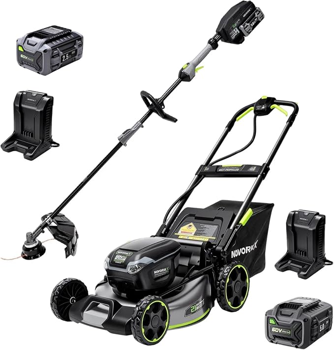 60V Cordless String Trimmer with 2.5Ah Battery & Fast Charger + 60V 5Ah Self-Propelled Electric Cordless Lawn Mower with 5.0Ah Battery