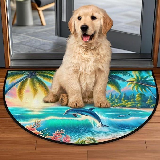Palm Tree Half Round Rug Half Moon Door Mat Half Circle Rugs | Summer Animal Washable Non-Slip Semi Circle Rug Welcome Half Round Door Mat Indoor Entrance Kitchen Bedroom Living Room Decor