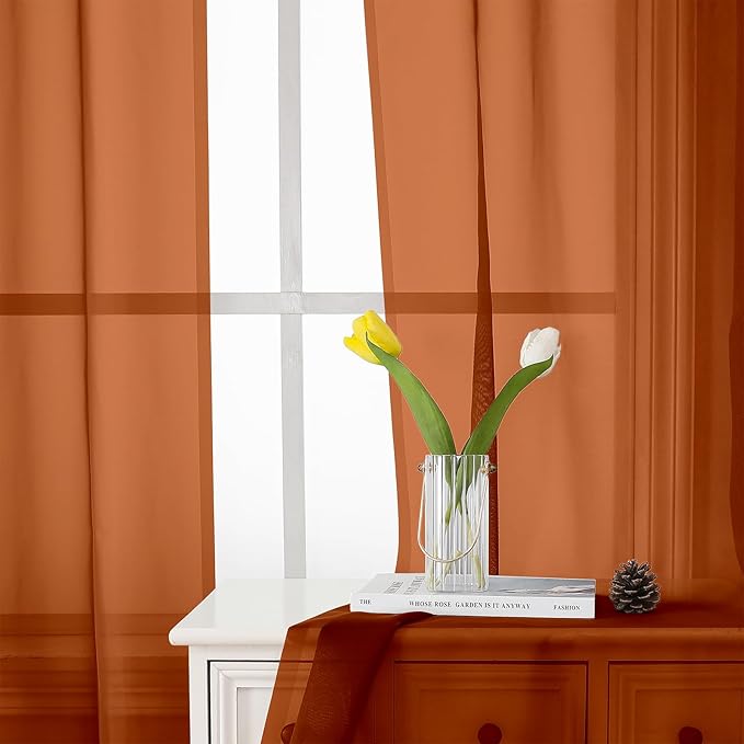 Lecloud Orange Sheer Curtains 72 Inches Long 2 Panels, Rod Pocket Voile Light - Image 7