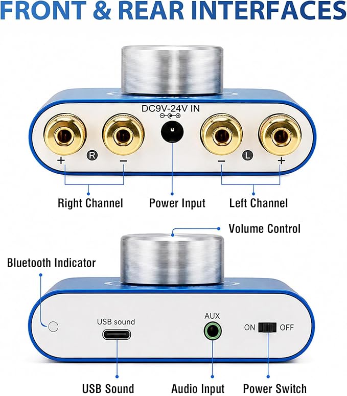Facmogu F900S Mini Bluetooth 5.0 Power Amplifier, 2.0 CH 80Wx2 Stereo Amp | 160W Hi-Fi Digital | Portable Sound Speaker Wireless Receiver | AUX/USB/Bluetooth In | 12V Power Supply | For Home Audio