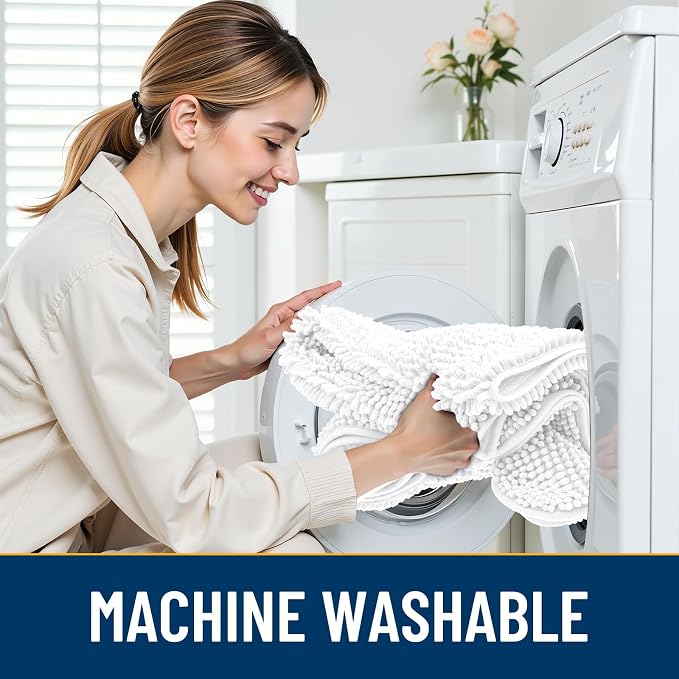 Smiry Dog Door Mat for Muddy Paws 59x32, Absorbent Dirt Trapper, Non-Slip Washable Chenille Entryway Rug for Inside Floor, White, Classic Solid
