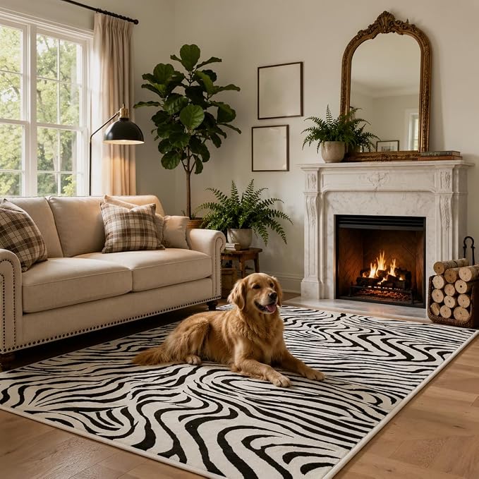 Black and White Rug 3x5 Animal Print with Abstract Stripes, Non-Slip TPE Backing, Low Pile, Washable Rugs Easy Clean, Suitable for Living Rooms, Bedrooms, and Offices