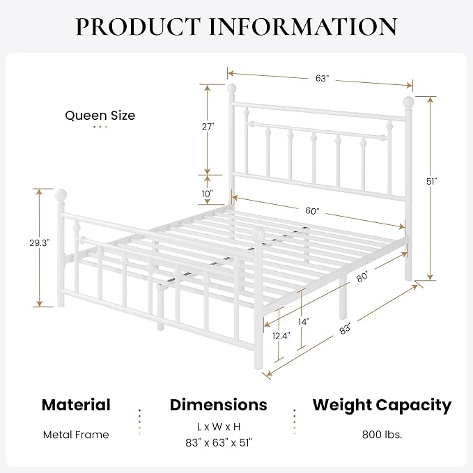 SHA CERLIN 14" Queen Size Metal Platform Bed Frame/Victorian Headboard and Footboard/Steel Slats Mattress Foundation for Storage/No Box Spring Needed/Noise Free/White