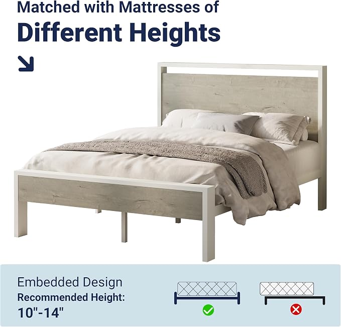 Allewie Full Size Bed Frame, Heavy Duty 12 Metal Slats Support, White | Wooden Headboard and Footboard, Modern Platform Bed, No Box Spring Needed, Under-Bed Storage, Noise Free, Easy Assembly