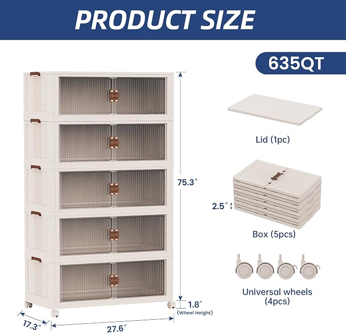 SAILUN 158Gal/635Qt Extra Large Stackable Storage Bins Folding Collapsible Storage Bins with a Lid, Closet Organizers and Storage Blush White 28" W x 17" D x 75" H