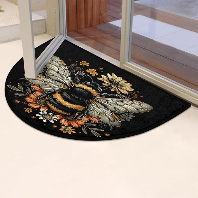Bee Animals Half Round Door Mat Non Slip Half Circle Rugs | Animals Flowers Washable Half Moon Rug Semi Circle Rugs Indoor Entrance Floor Carpet for Kithen Bedroom Fireplace Decor