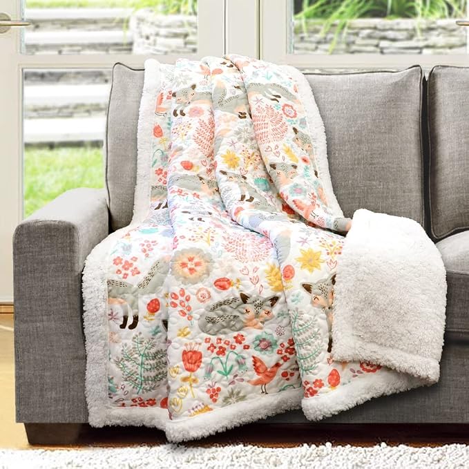 Lush Decor Pixie Fox Sherpa Throw Blanket 50”W x 60"L Gray & Pink - Sherpa Blankets - Toddler Blanket For Bed - Pink Girls Room Decor - Floral Throw