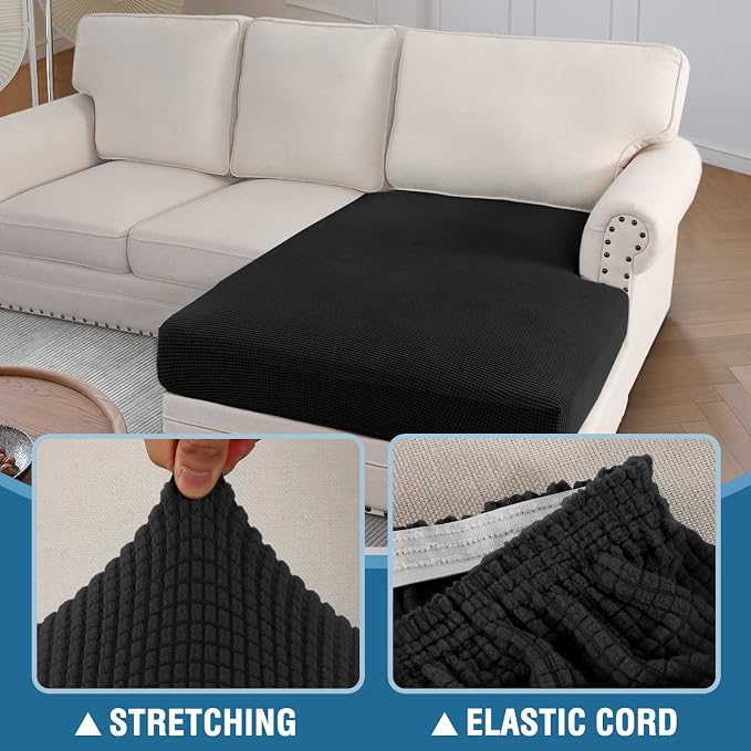 H.VERSAILTEX Sectional Couch Covers 1 Piece Chaise Slipcover L Shape Separate Cushion Couch Cover for Both Left/Right Sectional Couch (Seat Only: 1 Chaises, Black)