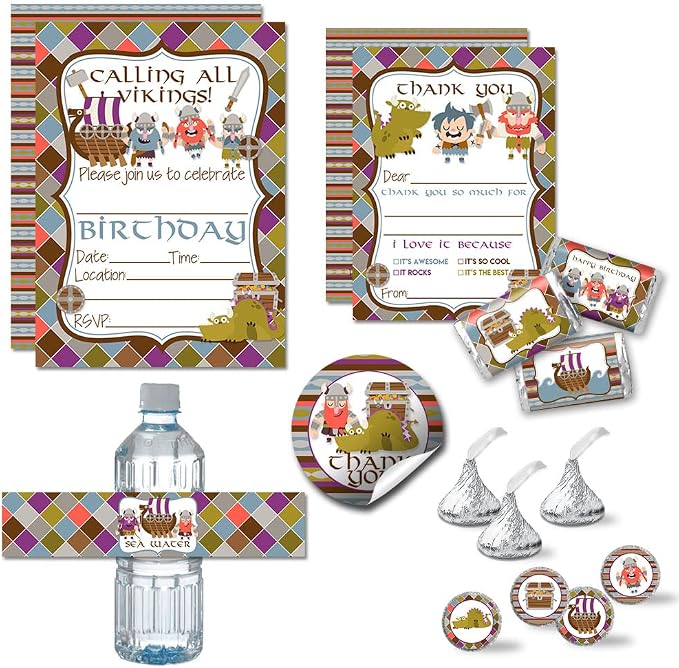 Amanda Creation Deluxe Viking Birthday Party Bundle Includes 20 Each of Invitations & Thank You Cards with Envelopes + 2 Sizes of Stickers, Mini Candy Bar Wrappers & Water Bottle Labels!