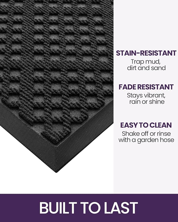 DEXI Front Door Mat Outside Entrance, 3x5 Heavy Duty Entry Doormat Dirt Trapper with Rubber Back, Non Slip Low Profile Floor Mats for Entryway Exterior Patio, Rhombic Black