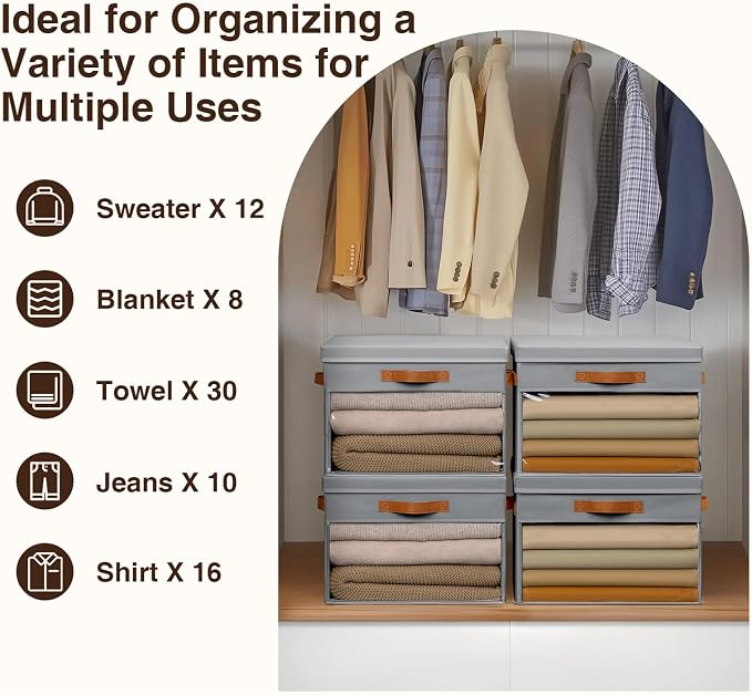 Homsorout Large Storage Bins with Lids - 4 Pack Foldable Decorative Organizers with Clear Windows & Handles, Cube Storage Organizers for Clothes, Blankets, Sweaters, Sheets, Grey