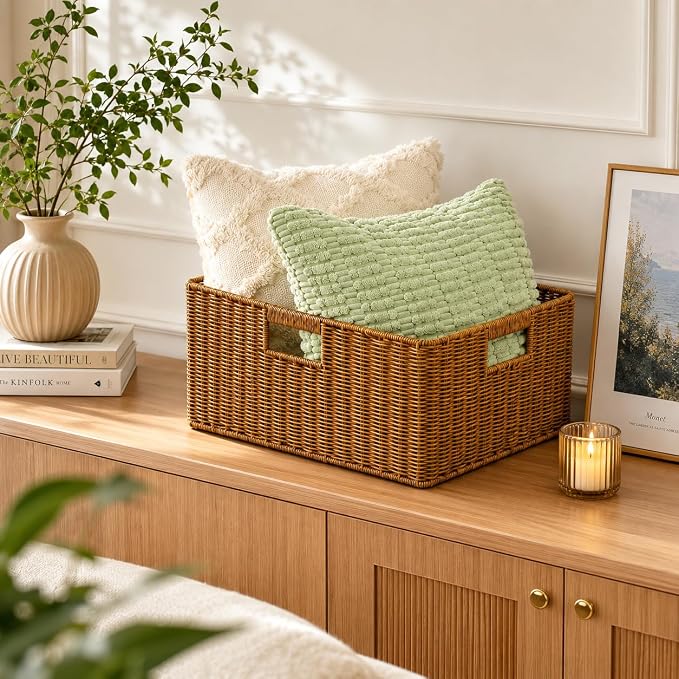 Waterproof Wicker Storage Basket with Handles, Extra Large, Brown | 16.5 x 13 x 7.5 Inch Basket, Shelf Organizer, Rectangular Woven Bin, Towel and Blanket Storage, Home Decor
