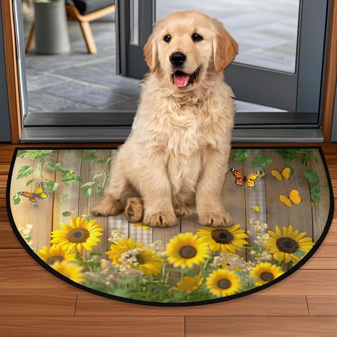 cfpolar Butterfly Sunflower Half Round Door Mat Indoor Entrance Half Circle Area Rug Semi Circular Door Mat Half Moon Rug for Floor Bathroom Living Room Bedroom Kitchen Fireplace 24"x36",A-04