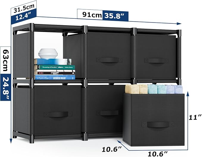 Mavivegue 6 Cube Storage Organizer, Closet Organizers and Storage, Cube Storage Shelf, Easy to Assemble with Storage Drawers, DIY Closet Cube Organizer for Living Room, Bedroom, Dorm Room-Black