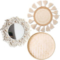 Boho Wall Basket Decor Set - Flat Woven Macrame Tapestry, Mirror White Round Tassels, Handmade Rattan Wicker Seagrass Wall Basket
