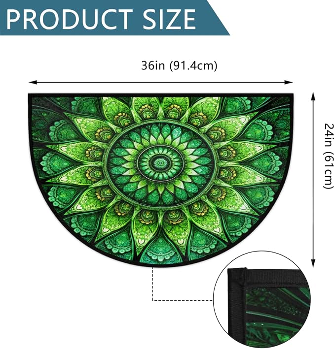 Mandala Half Round Rug Half Moon Door Mat Half Circle Rugs | Green Ethnic Washable Non-Slip Semi Circle Rug Welcome Half Round Door Mat Indoor Entrance Bedroom Living Room Decor B476