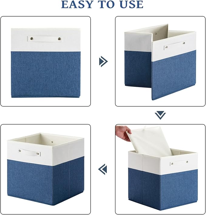 FinishingBo 13x13x13 Storage Cube Bins 6 Pack, Cube Shelf Baskets | Foldable Storage Cubes, Linen Storage Bins with Handles, Closet Organizers, White/Blue