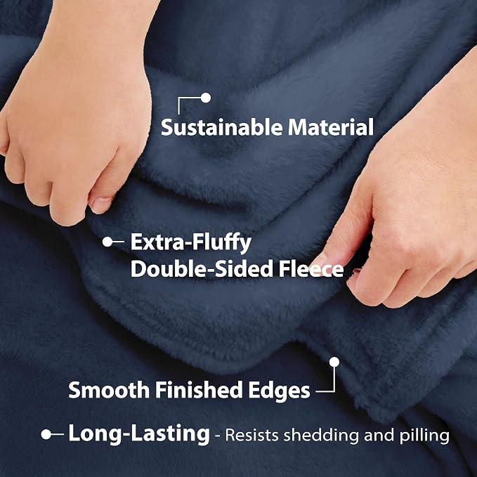 DEZ FURNISHINGS Ultra Soft Plush Fleece Throw Blanket, Double Sided Cozy Thick Warm Blanket for Sofa & Bed, Queen (90" x 92"), Navy Blue