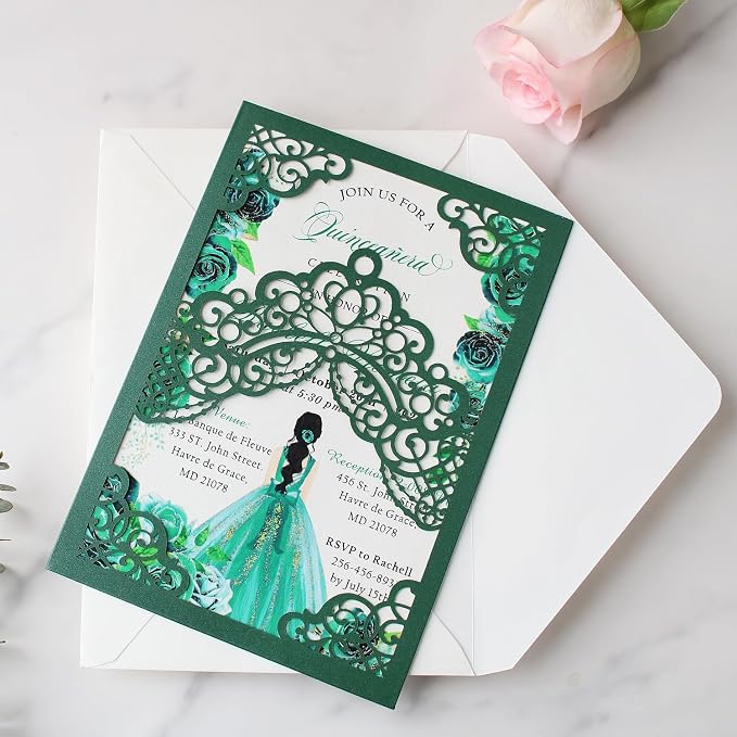 Hosmsua 50PCS Personalized Emerald Green Quinceanera Invitations Kit, 5.1x7.3 Inch Laser Cut Floral Crown Pocket Quinceanera Invitation Cards with Envelopes for Birthday Quince Anos Invite
