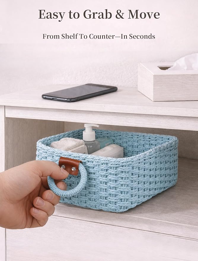 Small Wicker Baskets, 3 PCS Paper Rope Baskets for Shelves, Light | Recycled Small Baskets, 3 Sizes Woven Baskets for Organizing, Decorative Storage Baskets for Bedroom and Bathroom