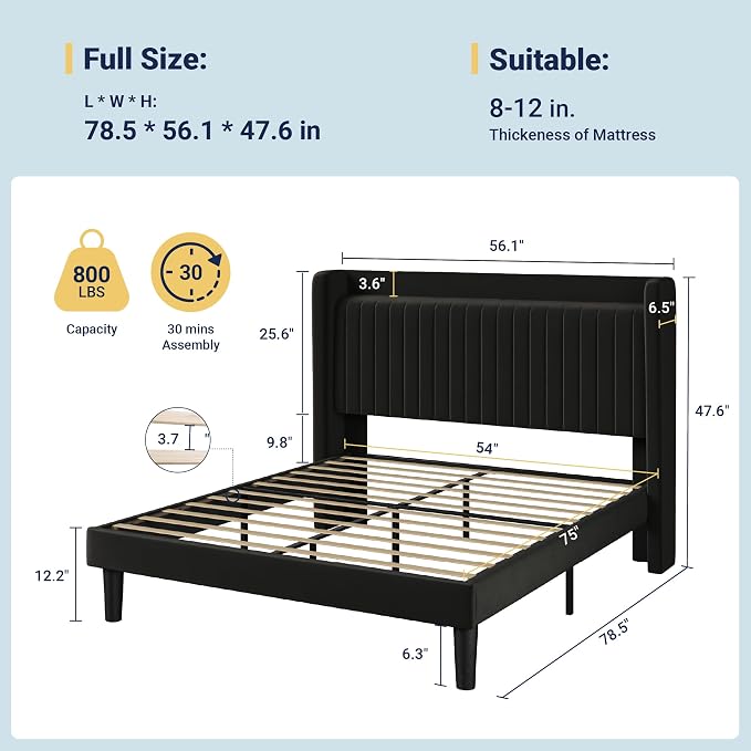 Allewie Full Size Platform Bed Frame with USB Charging Station and Storage Shelf/Upholstered Velvet Wingback Headboard/Wooden Slats Support/No Box Spring Needed/Easy Assembly, Black