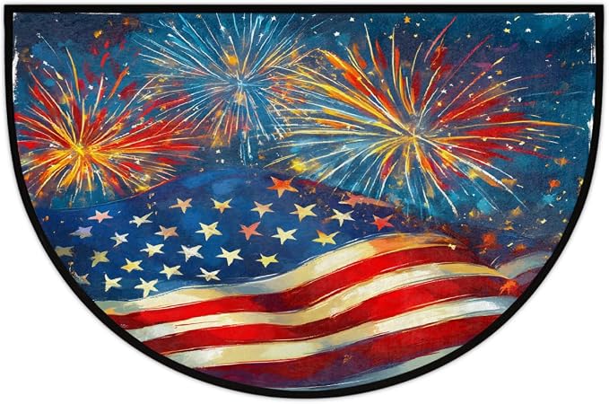Fireworks Flag Half Round Door Mat Semi Circle Rug Half Moon Doormat | Fireworks Flag Soft Washable Welcome Entrance Mat for Outdoor Indoor Floor Bedroom Bathroom Home Kitchen Festival Decor