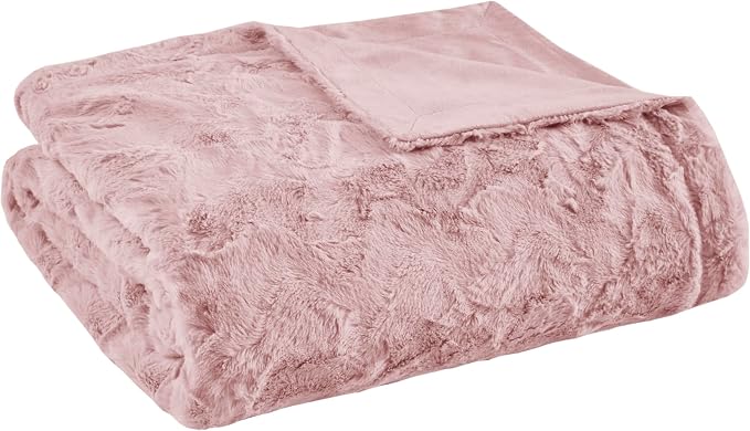 Madison Park Zuri Faux Fur Reversible Throw Blanket, 50 x 60 in, Blush | Oversized Soft Plush, Luxury, Animal Stripes, Mink Reverse, Modern, All Season, for Bed Sofa Couch, OEKO-TEX Certified