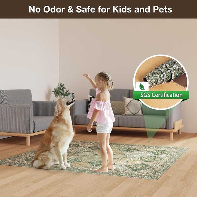 Floor Mat for Home 5×7ft, Easy Clean Plastic Rug-Like Pattern Area Mat for Living Room, Waterproof Vinyl Area Rug for Under Kitchen Table, No Slip Soft Vintage Rug for High Traffic Area (Green)