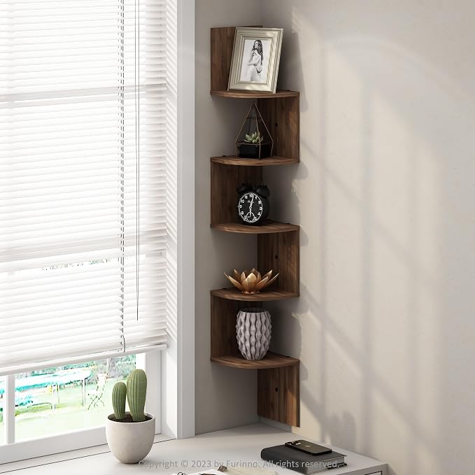 Furinno Rossi 5-Tier Floating Corner Shelf for Wall, Corner Zigzag Shelf Wall Mounted, Radial Wall Mount Shelves, for Home Office, Living Room, Bedroom, Bathroom, Columbia Walnut