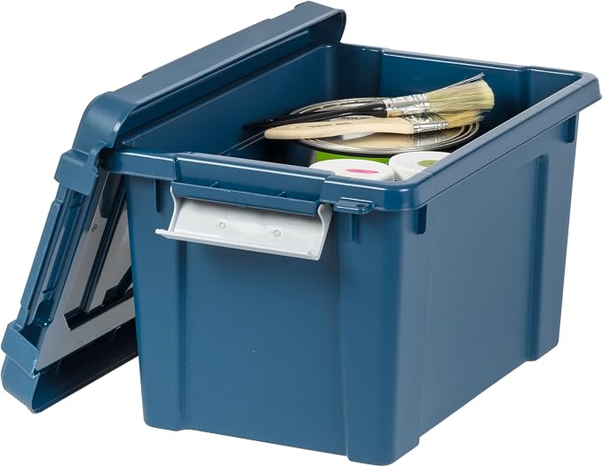 IRIS USA 6-Pack 5 Gal Heavy Duty Lockable Storage Totes with lids, Navy | Built for tools, hardware, emergency supplies and small equipment, Stackable design keeps spaces organized
