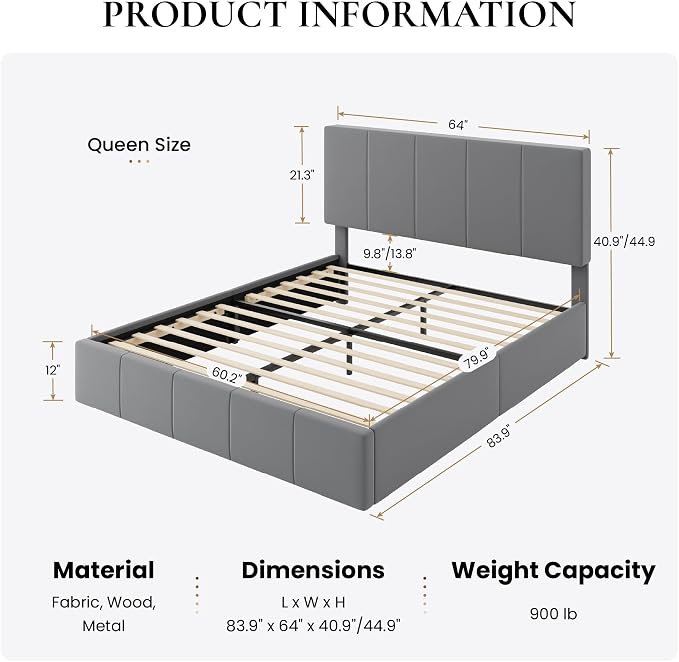 SHA CERLIN Queen Bed Frame, Velvet Upholstered Platform Bed, Vertical Channel Tufted Adjustable Headboard, Low Profile Bed Frame, No Box Spring Needed, Easy Assembly, Grey