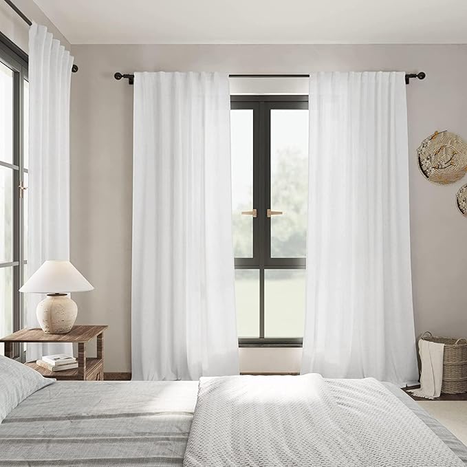 Nanspring White Linen Curtains for Bedroom Back Tab Light Filtering Privacy Sheer Curtains 81 Inches Long Modern Farmhouse Coastal Decor Linen Textured Gauze Drape for Bathroom 2 Panels Set 52x81