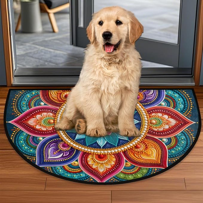 Flower Half Round Door Mat Semi Circle Rug Half Moon Doormat | Soft Washable Colorful Geometric Welcome Entrance Mat for Outdoor Indoor Floor Bedroom Bathroom Home Kitchen Festival Decor