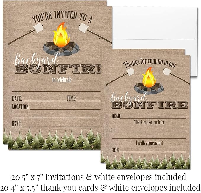Backyard Bonfire Birthday Party Bundle Includes 20 each of Invitations & Thank You Cards with Envelopes + 2 Different Sizes of Stickers, Mini Candy Bar Wrappers, & Water Bottle Labels!