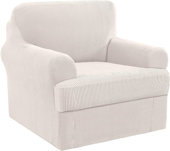 H.VERSAILTEX Stretch Slip Covers for Armchairs Chair Slipcovers for Living Room Armchair Furniture Cover Suit for T Cushion/Box Cushion, Spandex Jacquard Fabric Small Checks(Armchair-Standard, Ivory)