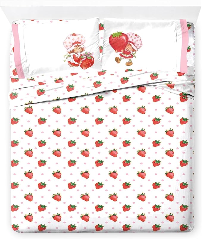Jay Franco Kids Sheet Set with Fitted, Flat Sheets & Pillow Cover - Ultra-Soft Bedding with Pillowcase for Room Decor, White - Strawberry Shortcake, 4 Piece Queen