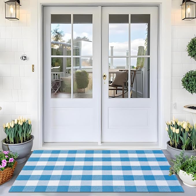 Ckorzen Blue and White Plaid Rug, 4' x 6' Spring Outdoor Front Porch Door Decor Mat, Washable Cotton Woven Farmhouse Area Rug for Layered Door Mats Carpet, Entryway, Easter Décor
