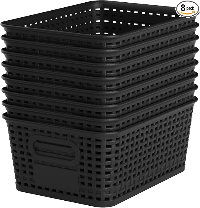 8 Pack Plastic Storage Baskets,Black Stackable Storage Bins | 5.3qt Storage Containers with Labels for Organizing Shelves Drawers Desktop Closet Playroom Classroom Office