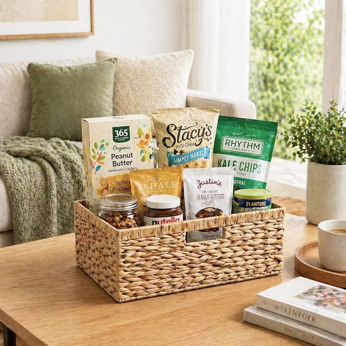 Water Hyacinth Wicker Storage Basket with Handles, Large | 15 x 11 x 6.75 Inch Basket, Shelf Organizer, Rectangular Woven Bin, Towel and Blanket Storage, Natural Decor