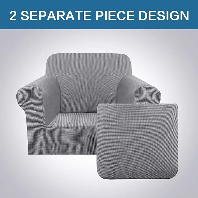 H.VERSAILTEX Stretch Armchair Covers Slipcover 2 Piece Chair Covers for Living Room Furniture Cover Suit for T Cushion/Box Cushion, Spandex Jacquard Fabric Small Checks(Armchair-Standard, Dove)