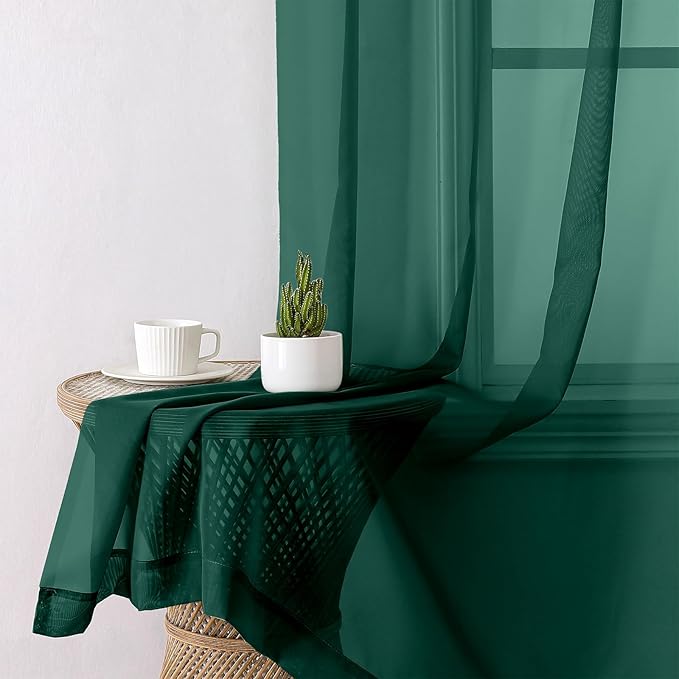 Lecloud Hunter Green Sheer Curtains 96 Inches Long 2 Panels, Airy Voile Solid - Image 4