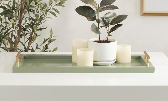 Kate and Laurel Halsey Rectangle Decorative Narrow Tray with Gold Metal Handles; 24 x 10; Green and Gold; Modern Glam Slim Serving Tray with Handles for Living Room Decor