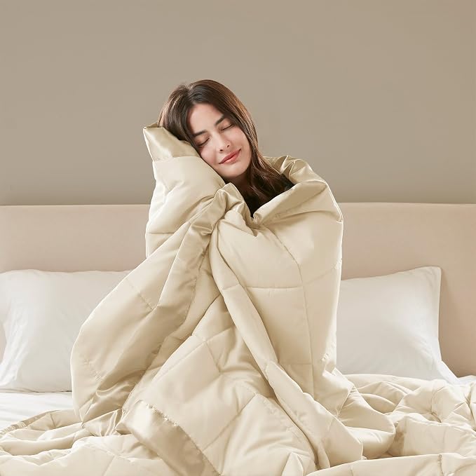 Madison Park Down Alternative Twin Size Blanket for Bed, Satin Trim, Cream | Lightweight Windom Blanket Premium 3M Scotchgard Moisture Wicking Treatment, OEKO TEX, Soft Bed Cover, All Season