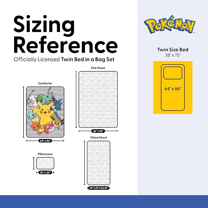Northwest Pokemon Battle Squad Twin Size Bed in a Bag Set, Pikachu Charmander Squirtle Eevee, Kids Boys Girls Bedding Comforter Sheets