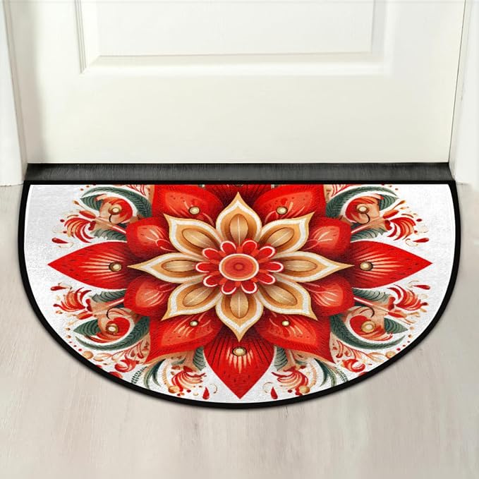 Mandala Half Round Rug Half Moon Door Mat Half Circle Rugs | Ethnic Flower Washable Non-Slip Semi Circle Rug Welcome Half Round Door Mat Indoor Entrance Kitchen Bedroom Living Room Decor