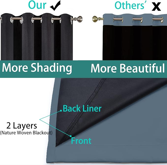 Yakamok 100% Blackout Lined Panels, Room Darkening Thermal Insulated Blackout Curtains for Bedroom, Heat Blocking Drapes for Living Room(52Wx108L, Stone Blue, 2 Panels)