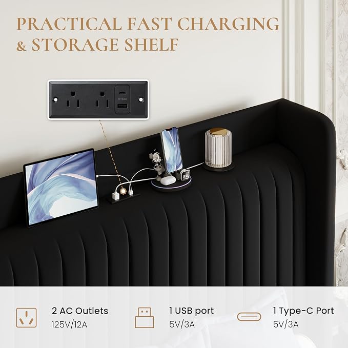SHA CERLIN King Size Velvet Bed Frame with Shelf, Charging Station, Black | Wingback Storage Headboard, Upholstered Platform Bed, Wooden Slats Support, No Box Spring Needed, Easy Assembly, Noise Free